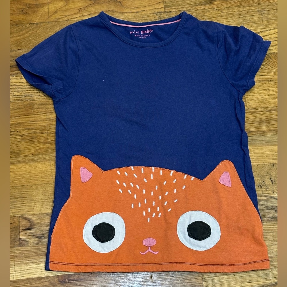Mini Boden Applique Cat T-Shirt Short Sleeve Blue Orange ( 9-10Y)